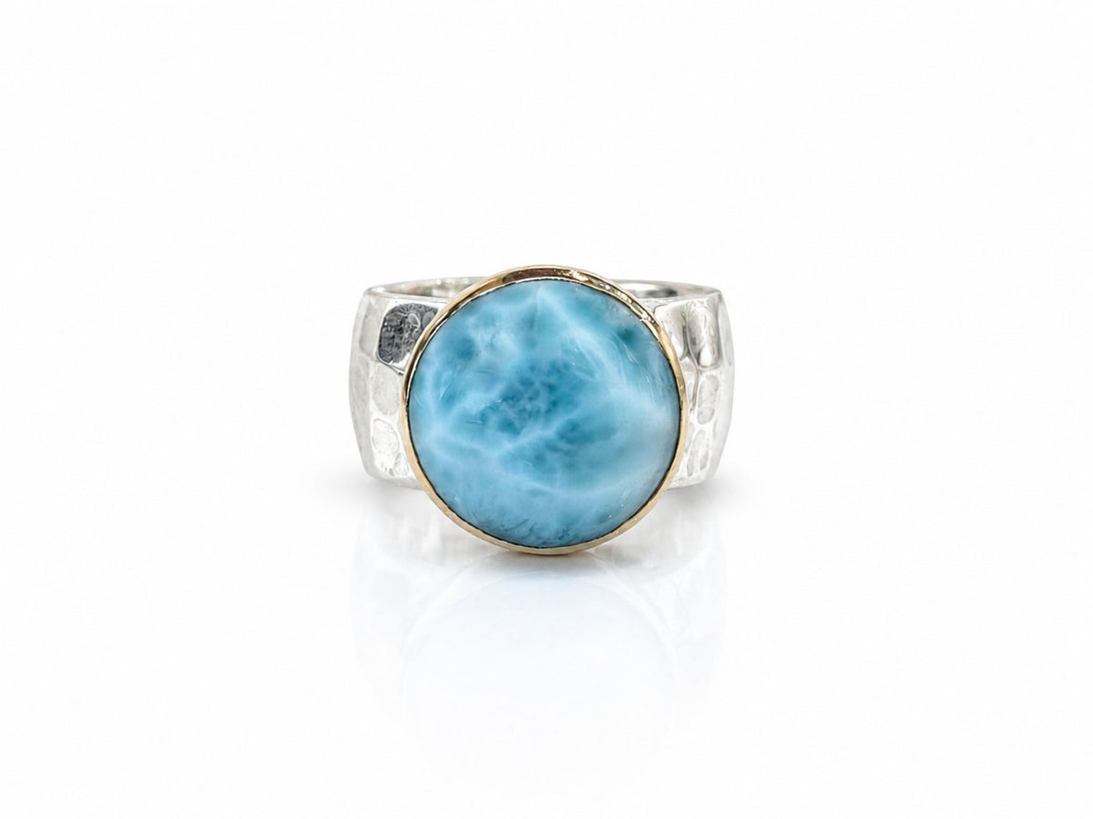 Round Larimar Ring with Wide Hammered Band Silver and Gold