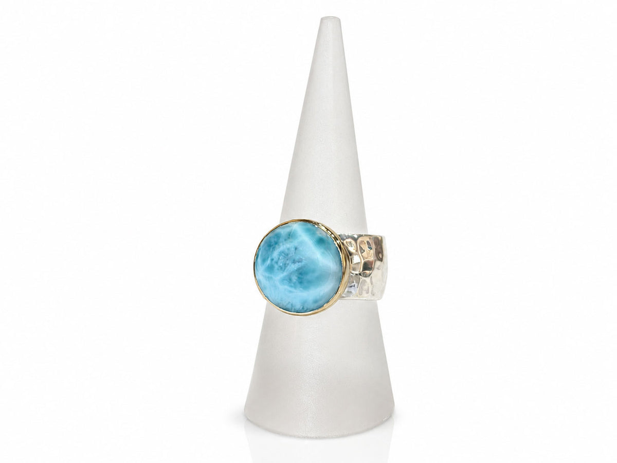 Round Larimar Ring with Wide Hammered Band Silver and Gold