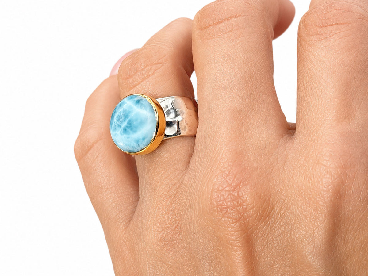 Round Larimar Ring with Wide Hammered Band Silver and Gold