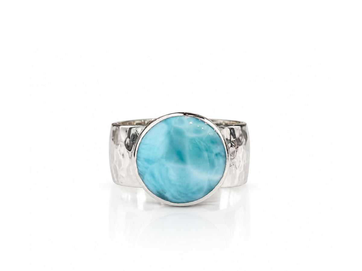 Round Larimar Ring with Wide Hammered Band Sterling Silver