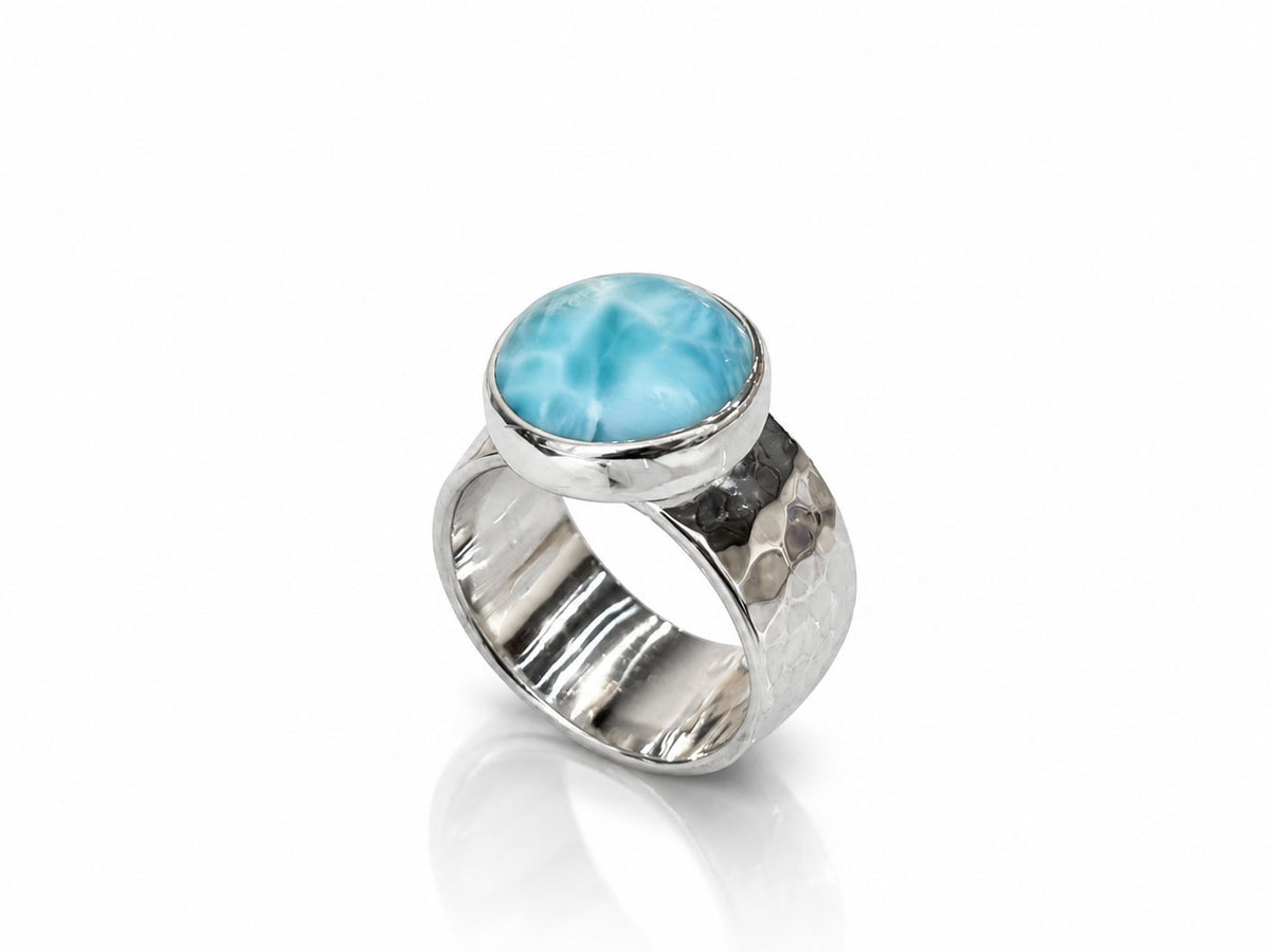Round Larimar Ring with Wide Hammered Band Sterling Silver