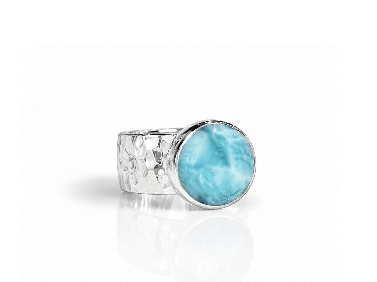 Round Larimar Ring with Wide Hammered Band Sterling Silver