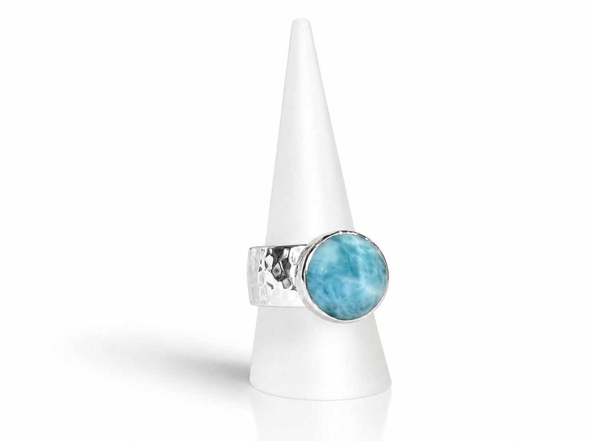 Round Larimar Ring with Wide Hammered Band Sterling Silver