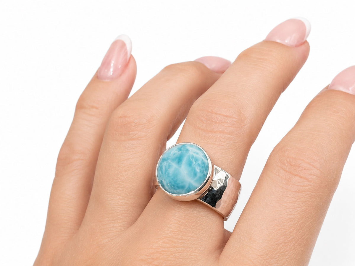 Round Larimar Ring with Wide Hammered Band Sterling Silver