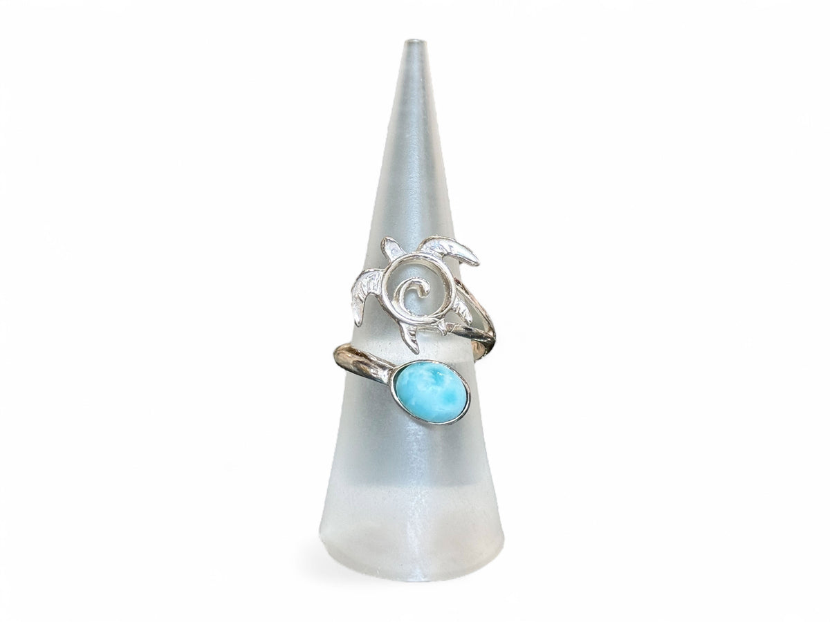 Sea Turtle Swirl Ring with Larimar Adjustable Sterling Silver