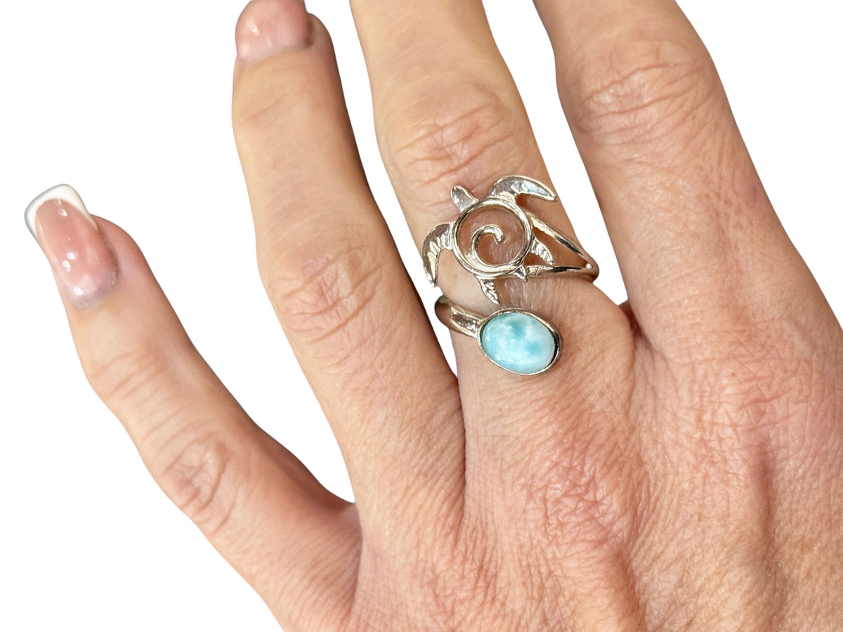Sea Turtle Swirl Ring with Larimar Adjustable Sterling Silver