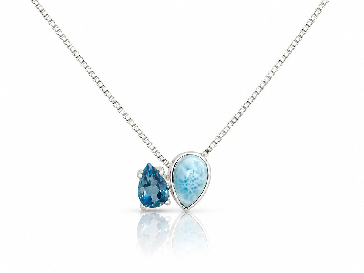 Larimar and London Blue Topaz Two Stone Pendant Necklace