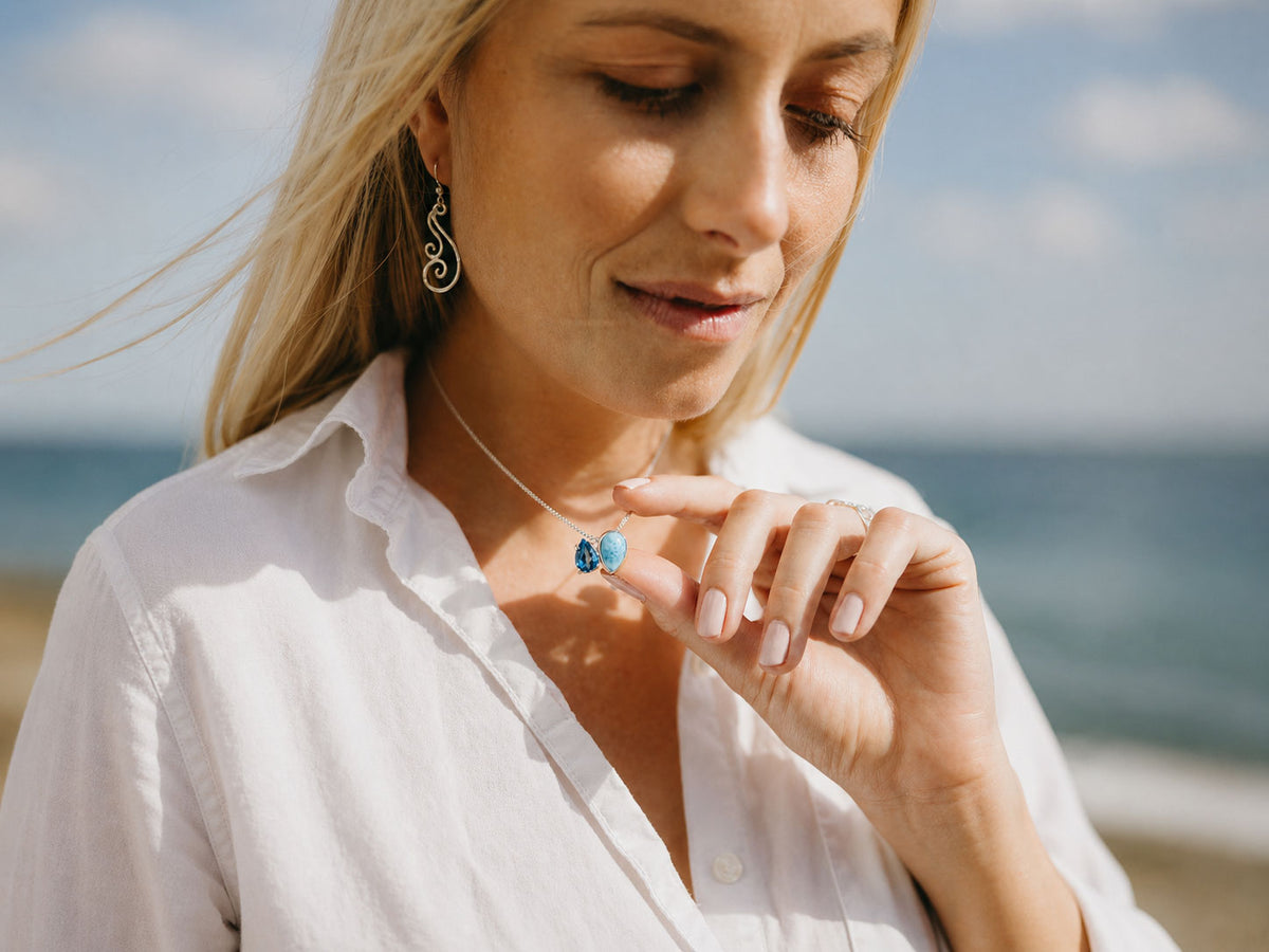 Larimar and London Blue Topaz Two Stone Pendant Necklace