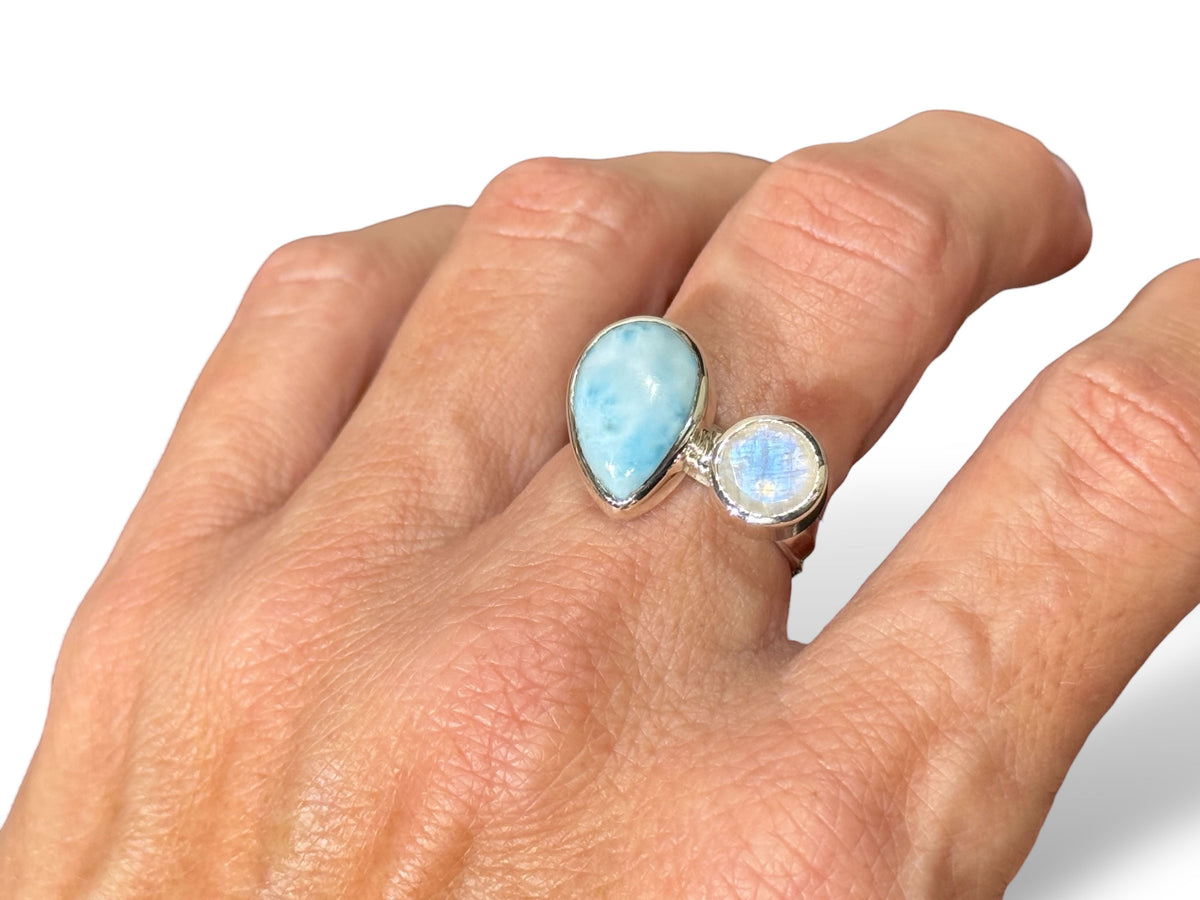 Two Stone Ring with Larimar and Rainbow Moonstone