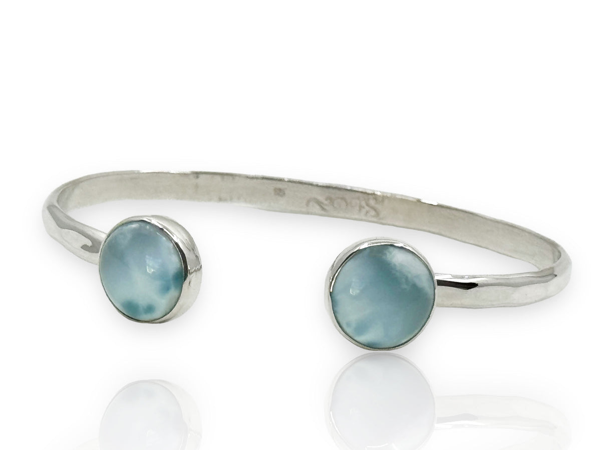 Larimar Round Two Stone Silver Adjustable Bracelet