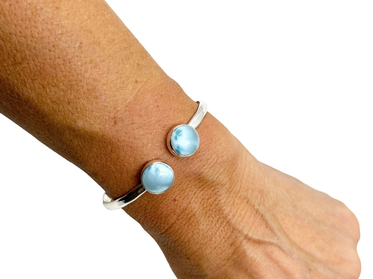 Larimar Round Two Stone Silver Adjustable Bracelet