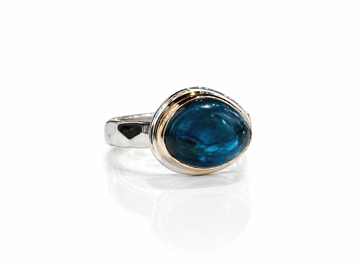 London Blue Topaz Freeform Cabochon Silver and Gold Ring