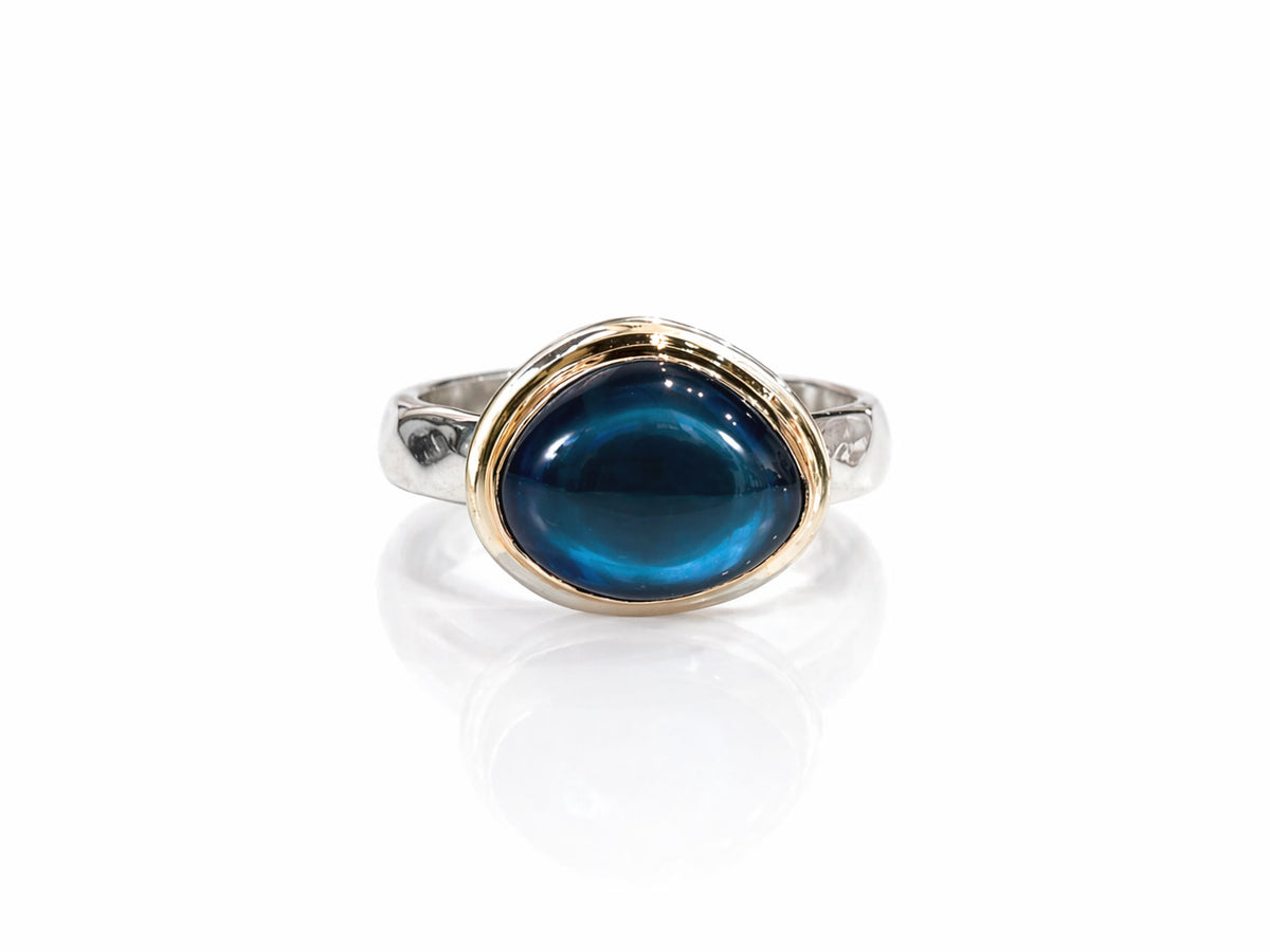 London Blue Topaz Freeform Cabochon Silver and Gold Ring
