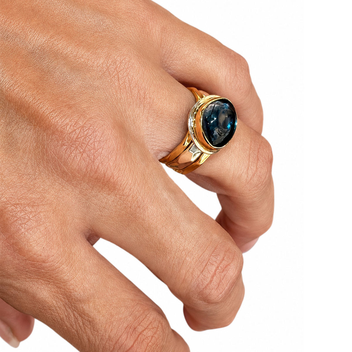 LAYAWAY: London Blue Topaz Silver and Gold Freeform Ring with Gold Stack Bands