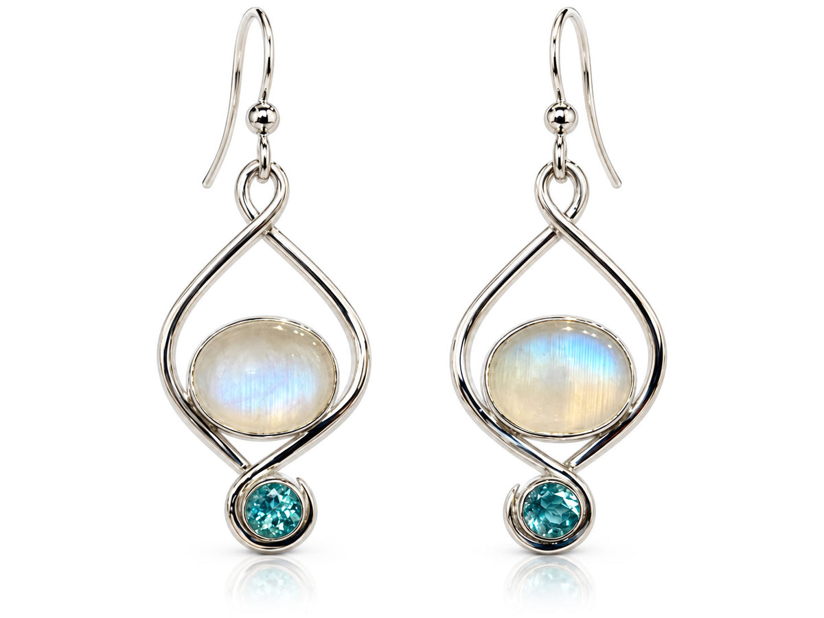 Rainbow Moonstone and Apatite Silver Swirl Earrings