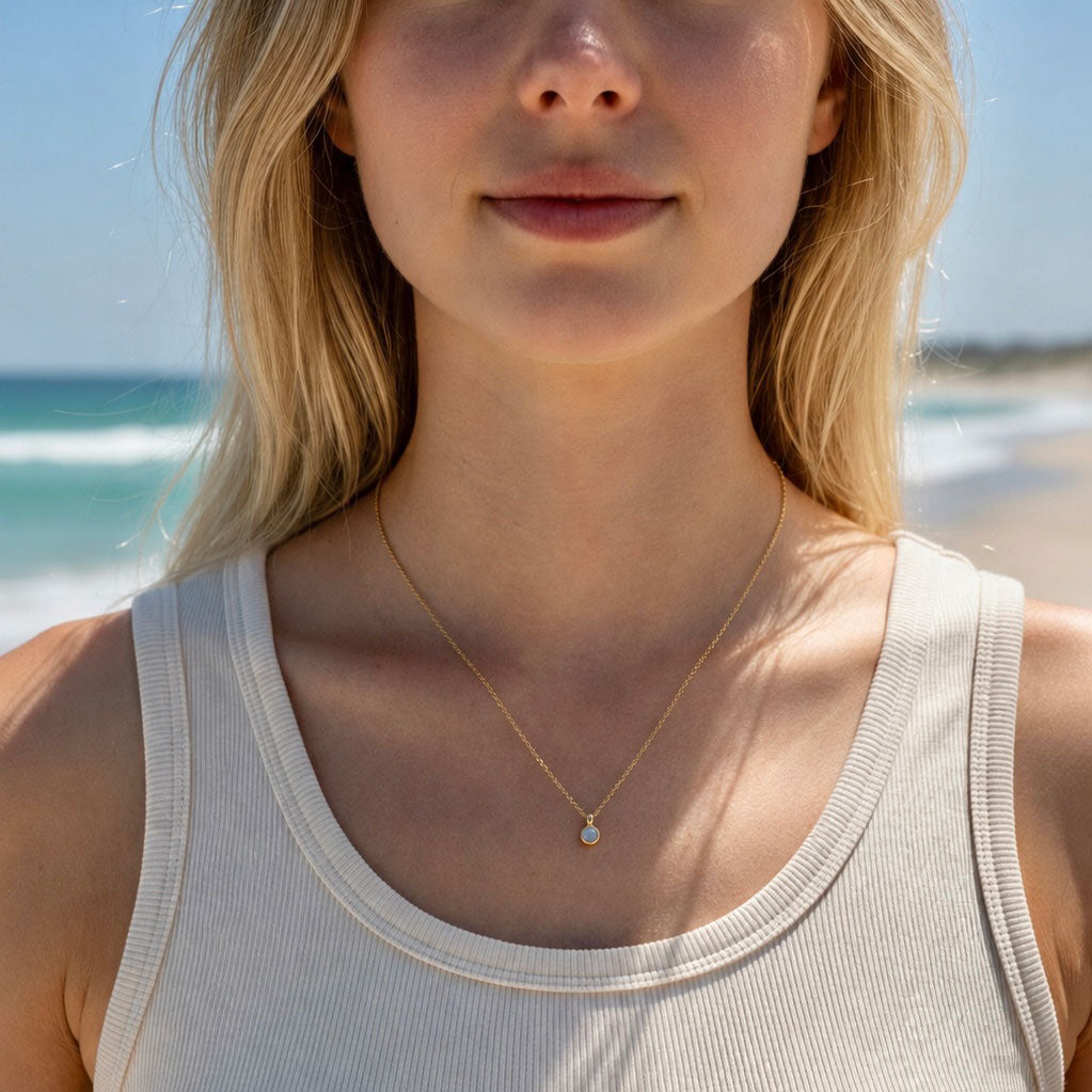 Petite, Minimalist Moonstone Bezel Pendant Yellow Gold