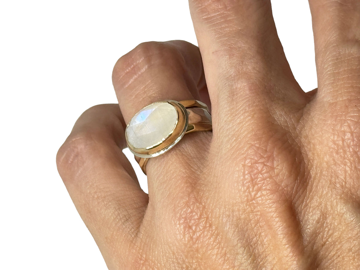 Oval Faceted Moonstone Ring Silver and Gold Size 7