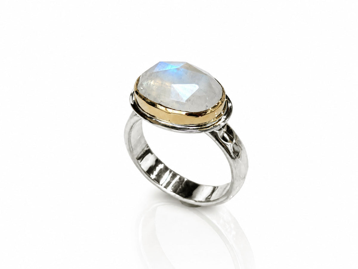 Oval Faceted Moonstone Ring Silver and Gold Size 8