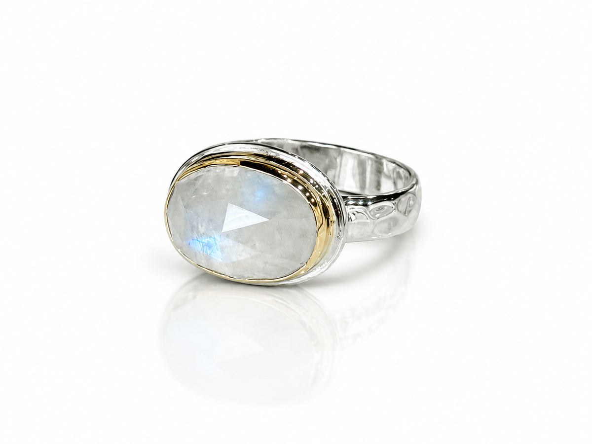 Oval Faceted Moonstone Ring Silver and Gold Size 8