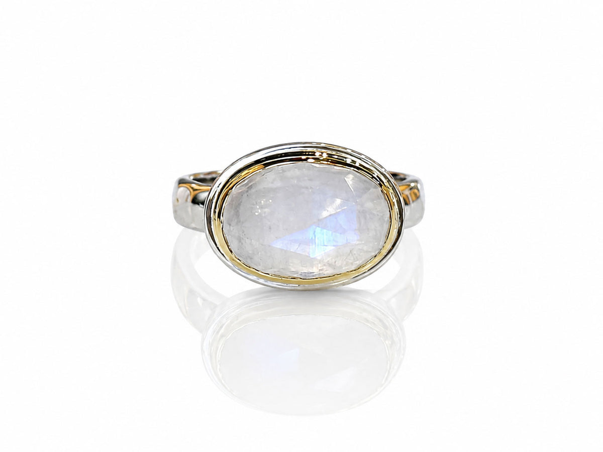 Oval Faceted Moonstone Ring Silver and Gold Size 8