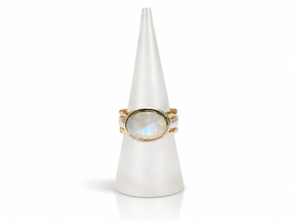 Oval Faceted Moonstone Ring Silver and Gold Size 8