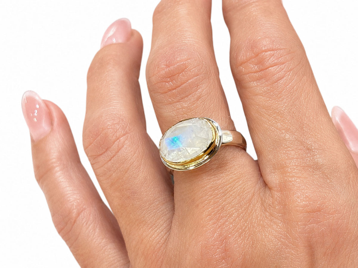 Oval Faceted Moonstone Ring Silver and Gold Size 8