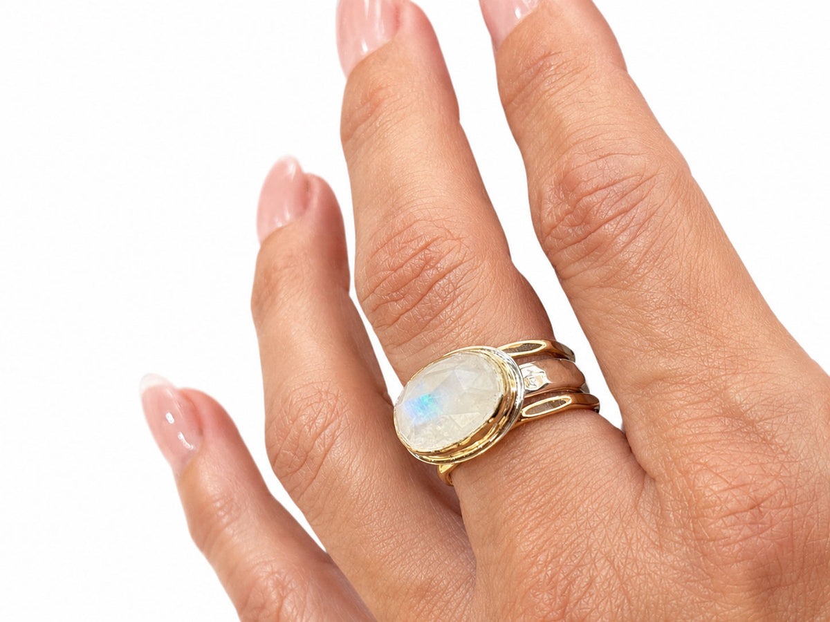 Oval Faceted Moonstone Ring Silver and Gold Size 8