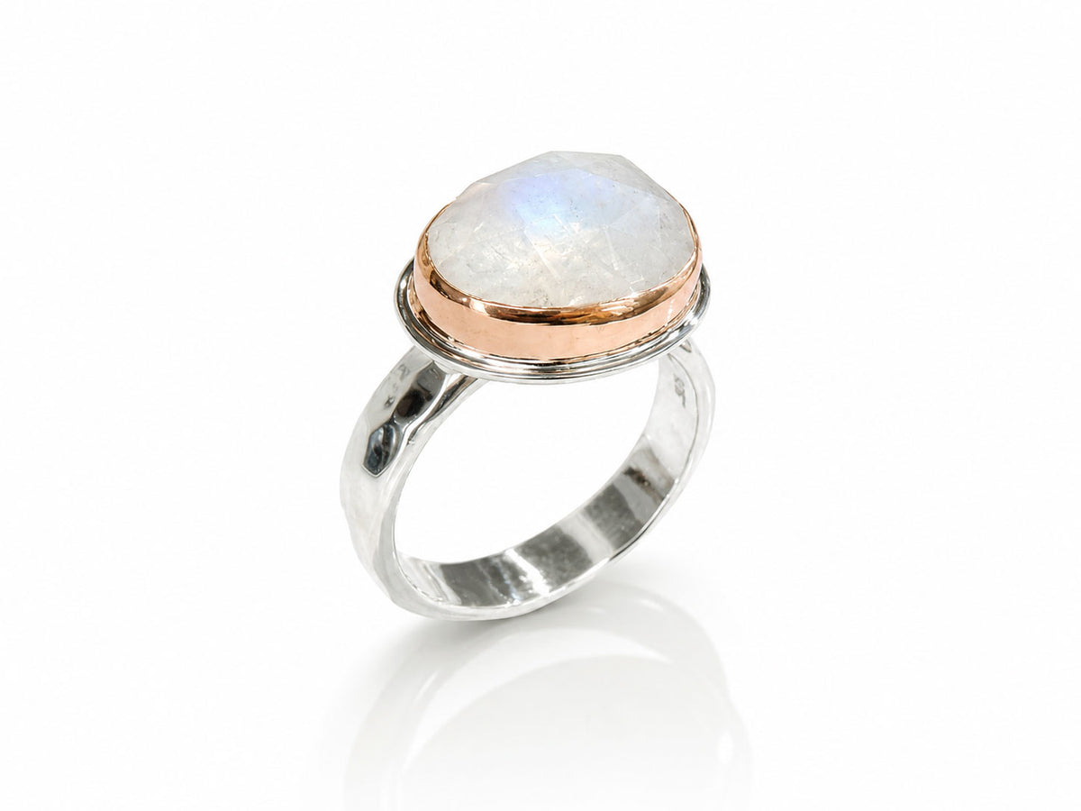 Moonstone Oval Faceted Ring Rose Gold and Silver