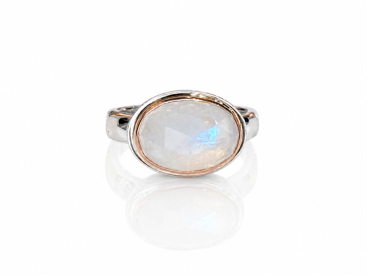 Moonstone Oval Faceted Ring Rose Gold and Silver