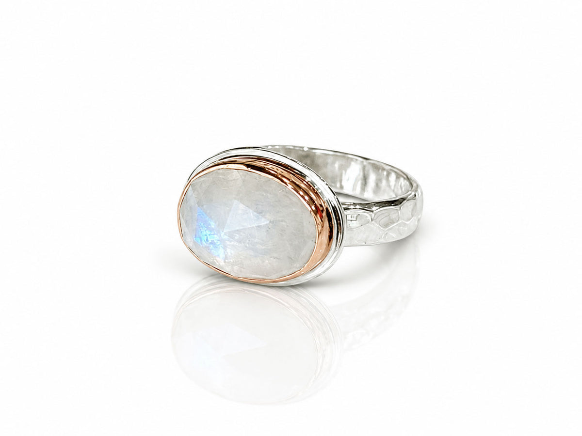 Moonstone Oval Faceted Ring Rose Gold and Silver