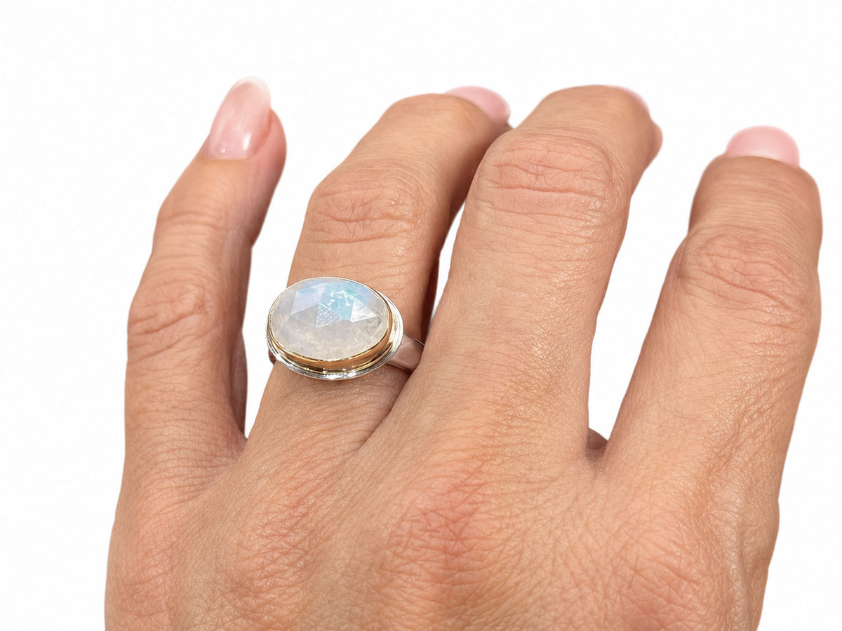 Moonstone Oval Faceted Ring Rose Gold and Silver