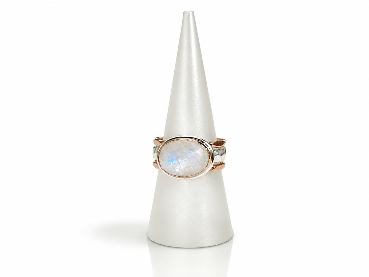 Moonstone Oval Faceted Ring Rose Gold and Silver