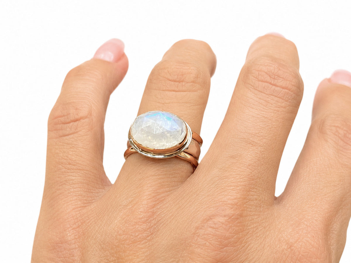 Moonstone Oval Faceted Ring Rose Gold and Silver