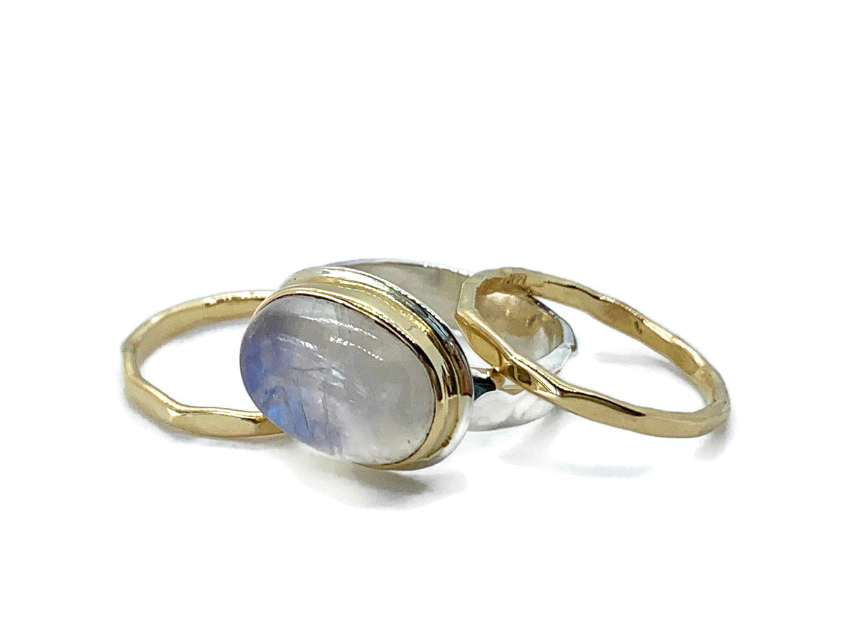 Moonstone Ring Yellow Gold and Silver Side Set Oval