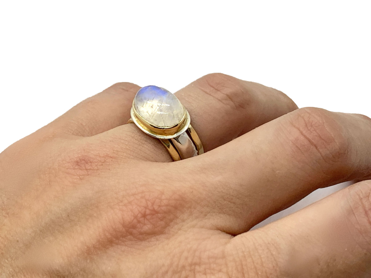 Moonstone Ring Yellow Gold and Silver Side Set Oval