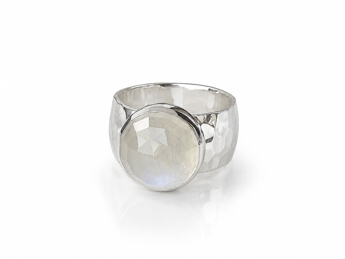Moonstone Silver Ring with Wide Hammered Band