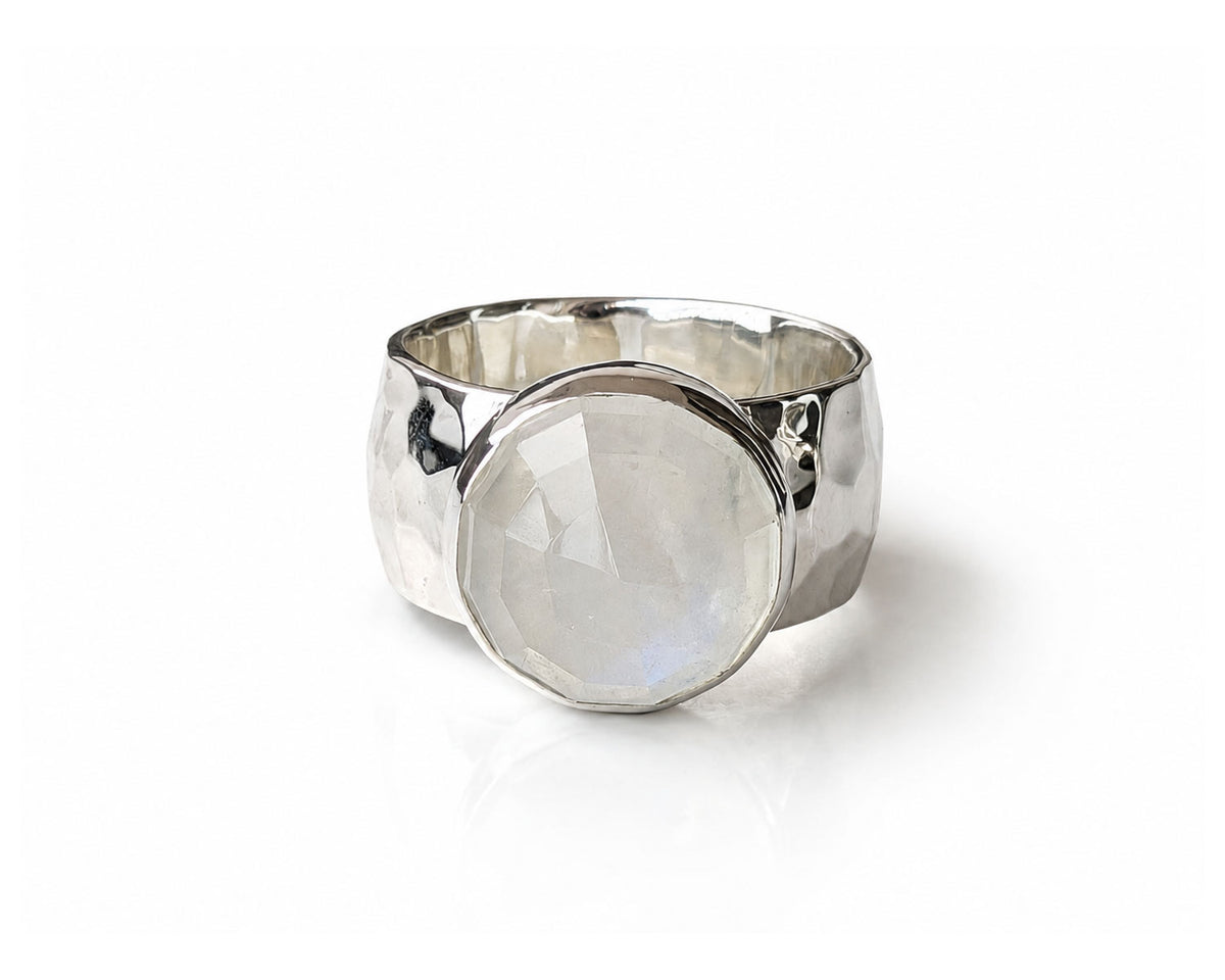 Moonstone Silver Ring with Wide Hammered Band
