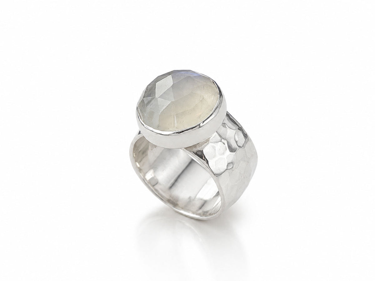 Moonstone Silver Ring with Wide Hammered Band