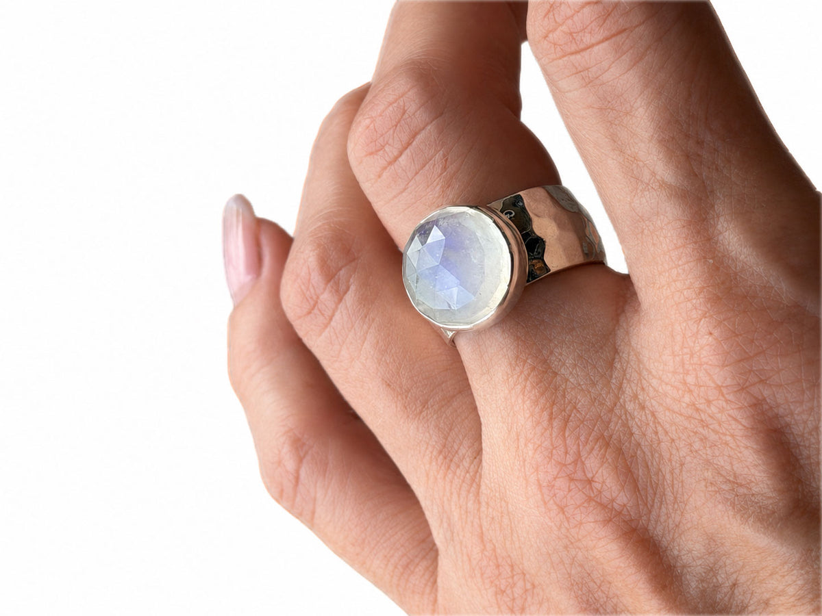 Moonstone Silver Ring with Wide Hammered Band