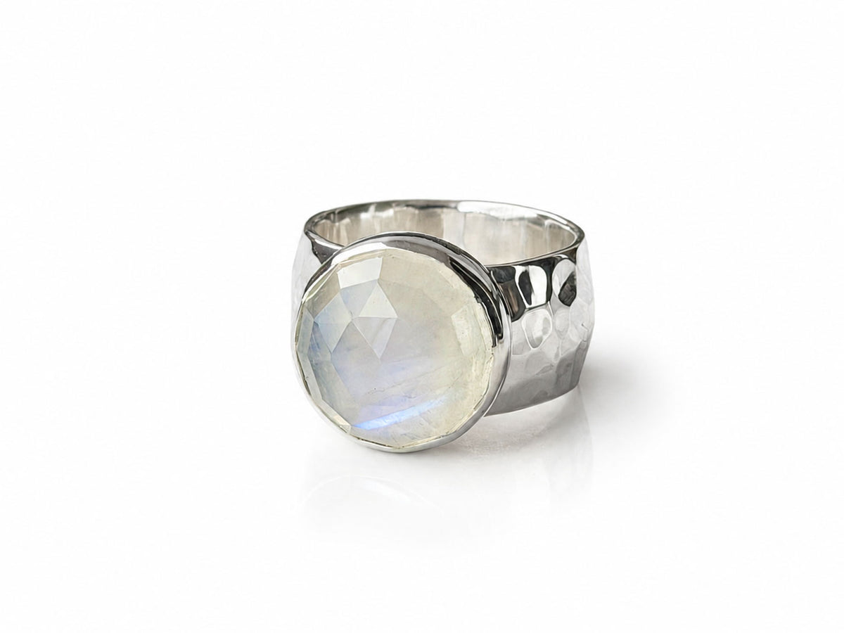 Moonstone Silver Ring with Wide Hammered Band