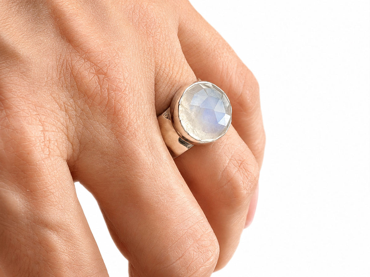 Moonstone Silver Ring with Wide Hammered Band