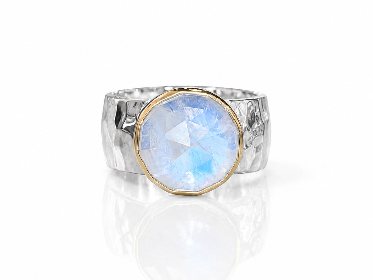 Moonstone Ring with Wide Hammered Band Silver and Gold