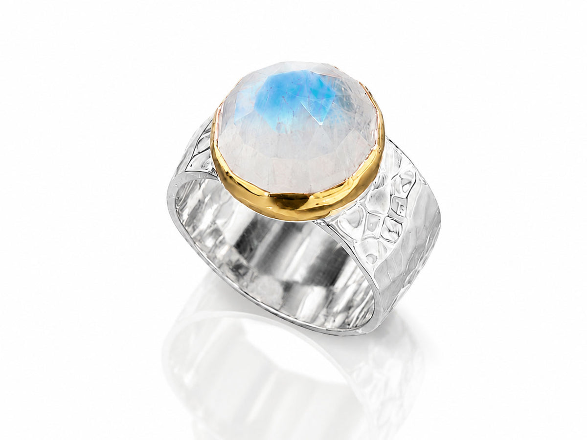Moonstone Ring with Wide Hammered Band Silver and Gold