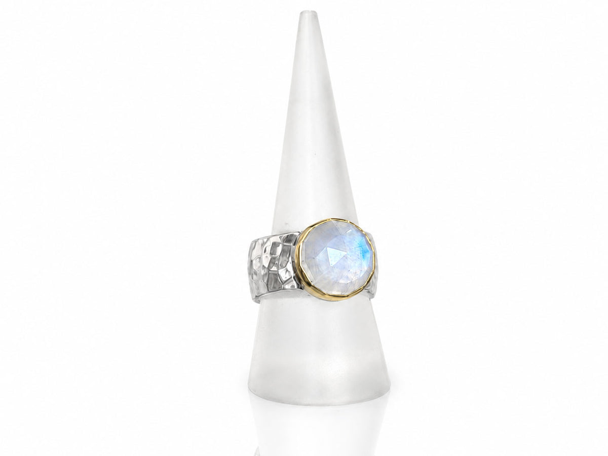 Moonstone Ring with Wide Hammered Band Silver and Gold