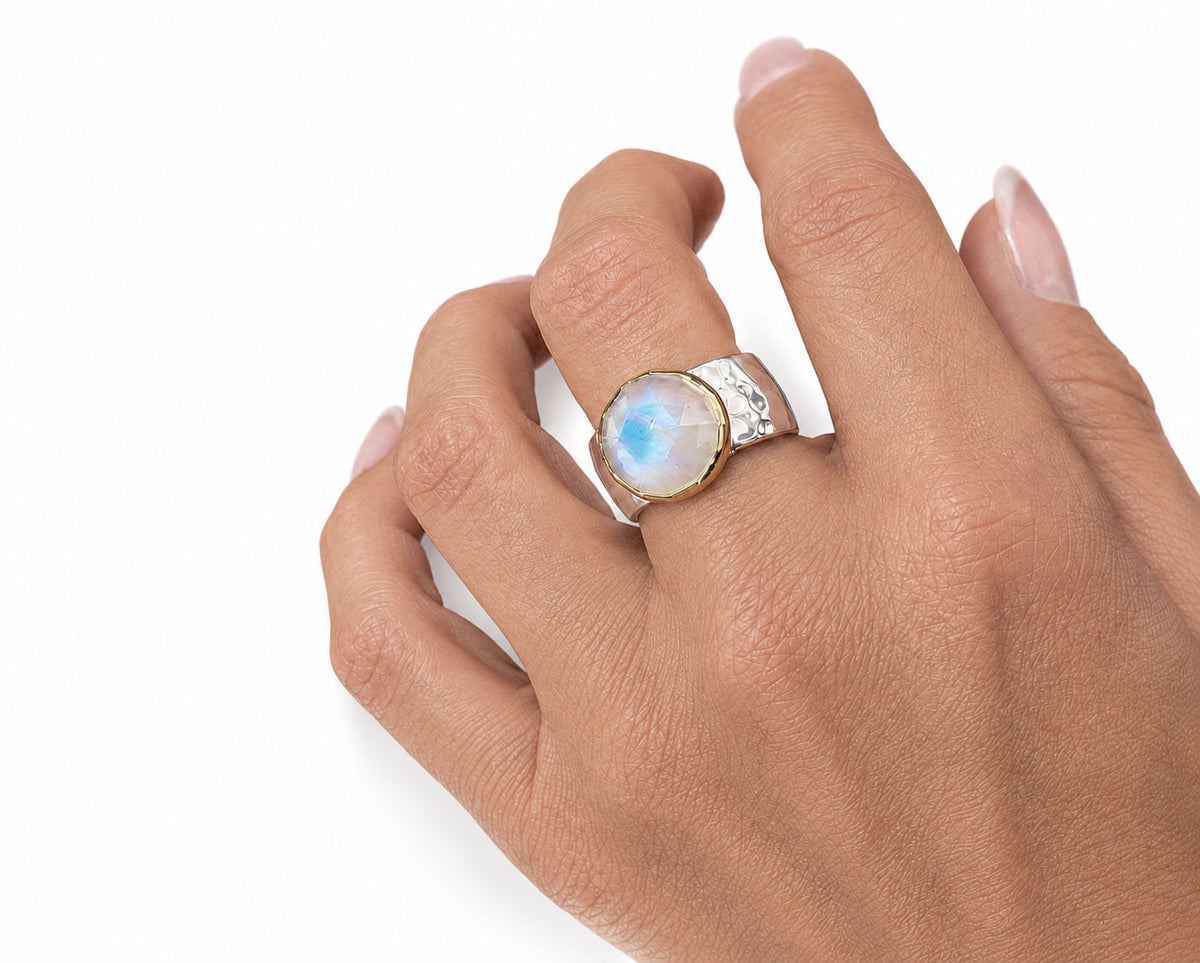 Moonstone Ring with Wide Hammered Band Silver and Gold