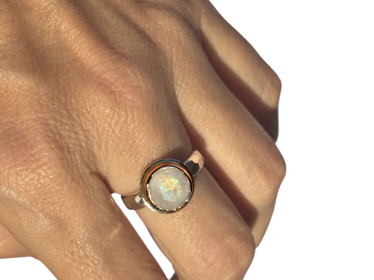Rose Cut Moonstone Ring Sterling Silver and Rose Gold