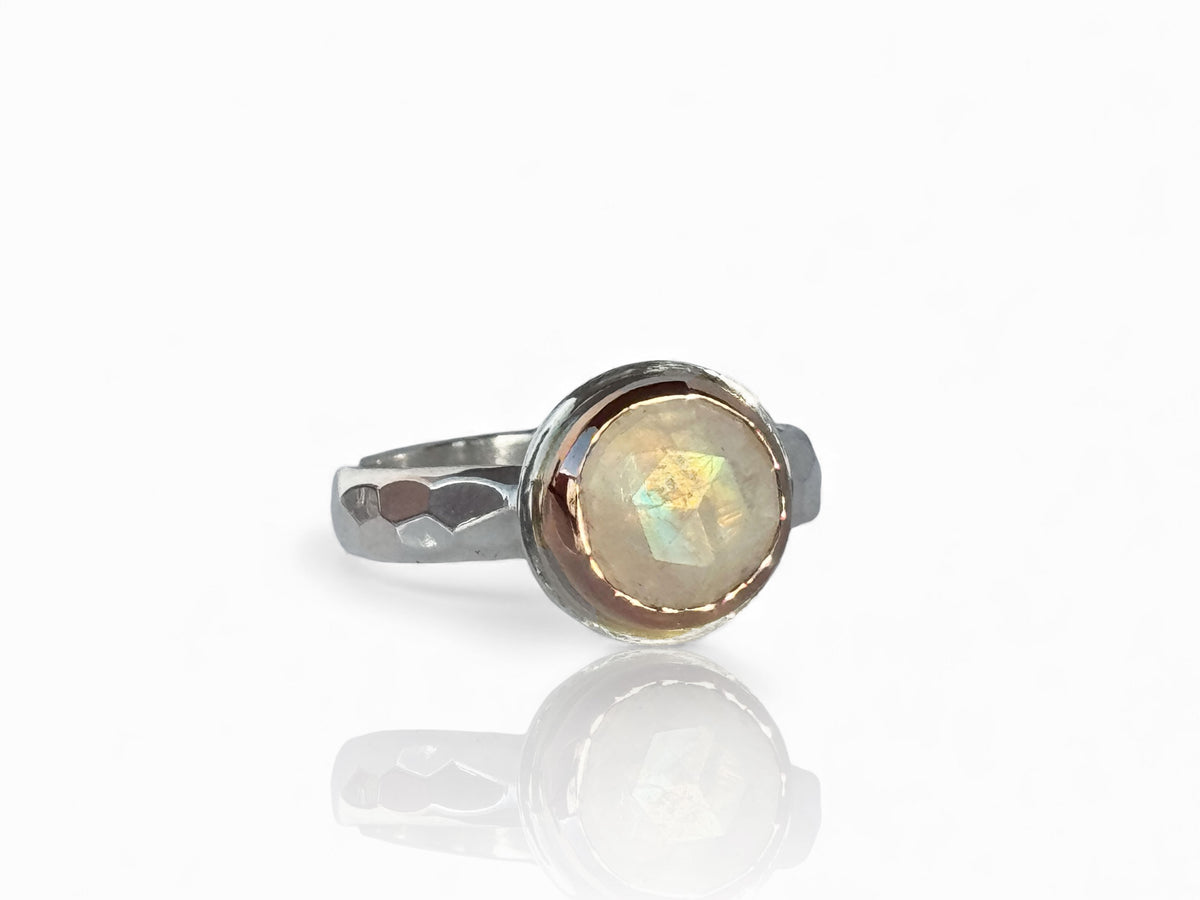 Rose Cut Moonstone Ring Sterling Silver and Rose Gold