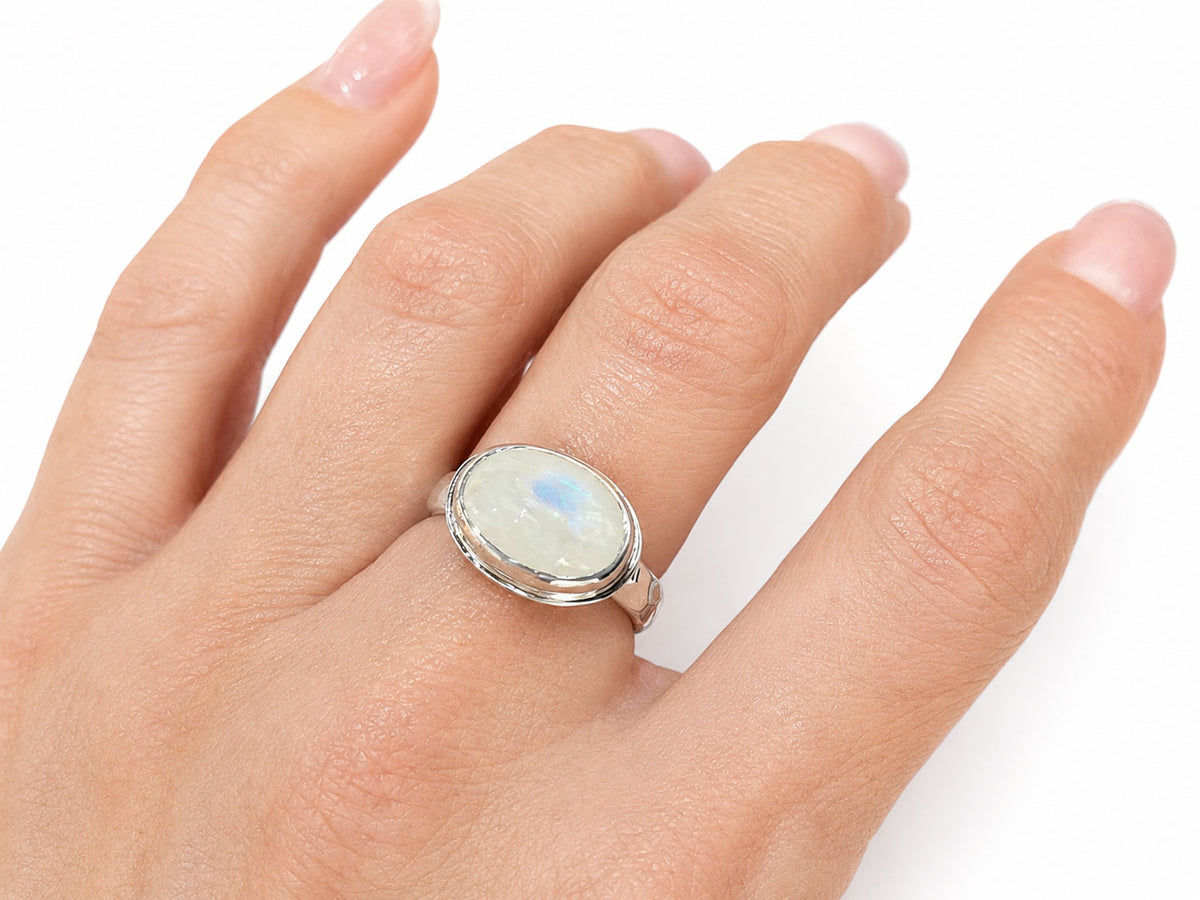 Oval Rainbow Moonstone Sterling Silver Ring Size 7