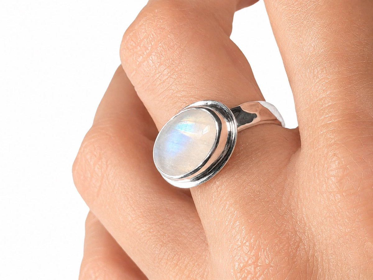 Oval Rainbow Moonstone Sterling Silver Ring Size 7