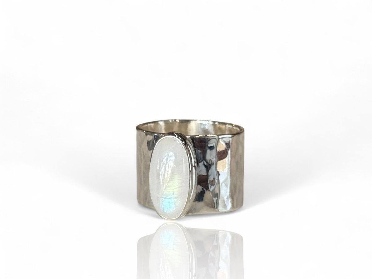 Moonstone Oval Ring with Wide Hammered Band Sterling Silver